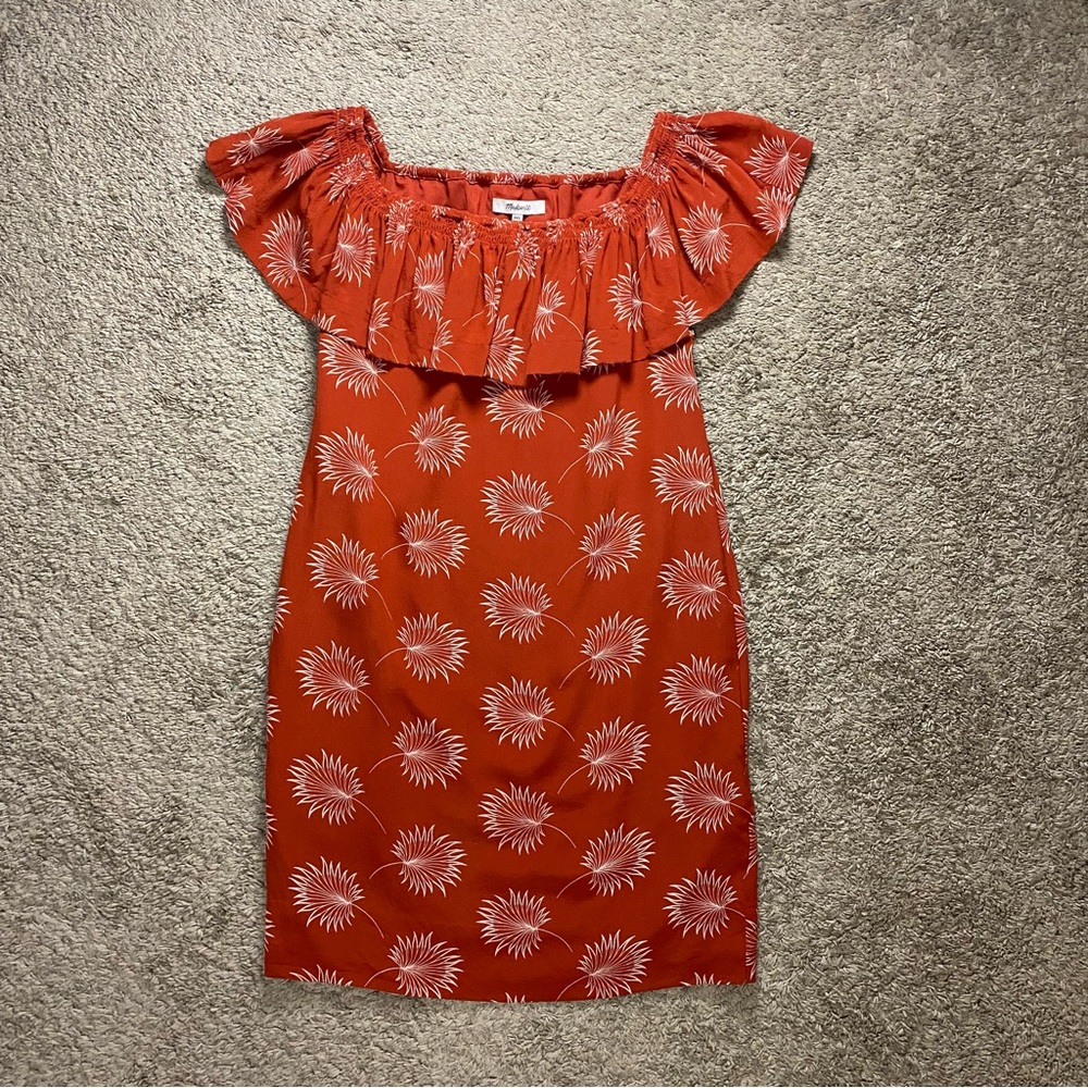 Madewell Silk Off the Shoulder Palm Red Sheath Mini Dress F3540 Women's Size XXS